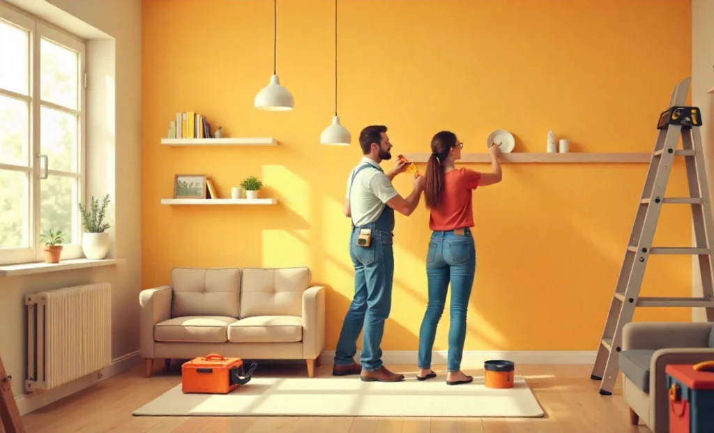 A young couple working on a DIY home renovation in their living room, painting walls and measuring wood with beginner tools and safety gear.