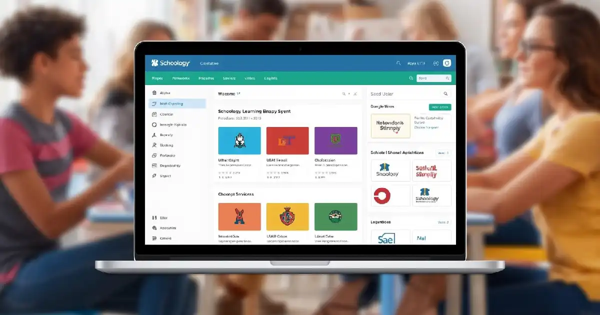 **Alt Text:** "Schoology Alpha customised learning management system interface showing course management, assessments, and parent access features under a school-branded digital environment."